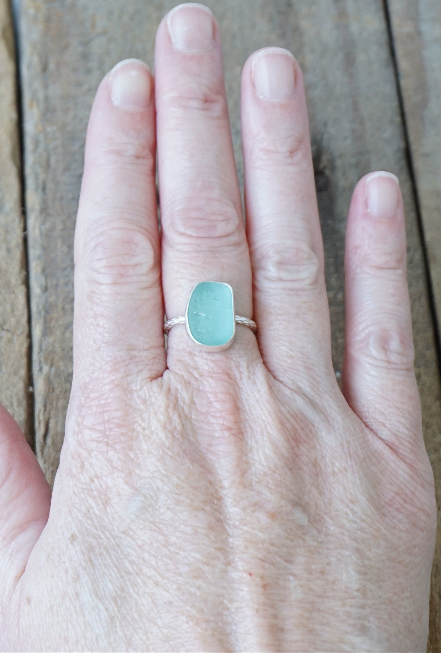 Size 7 1/4 Teal Blue Green Sea Glass Stacking Ring