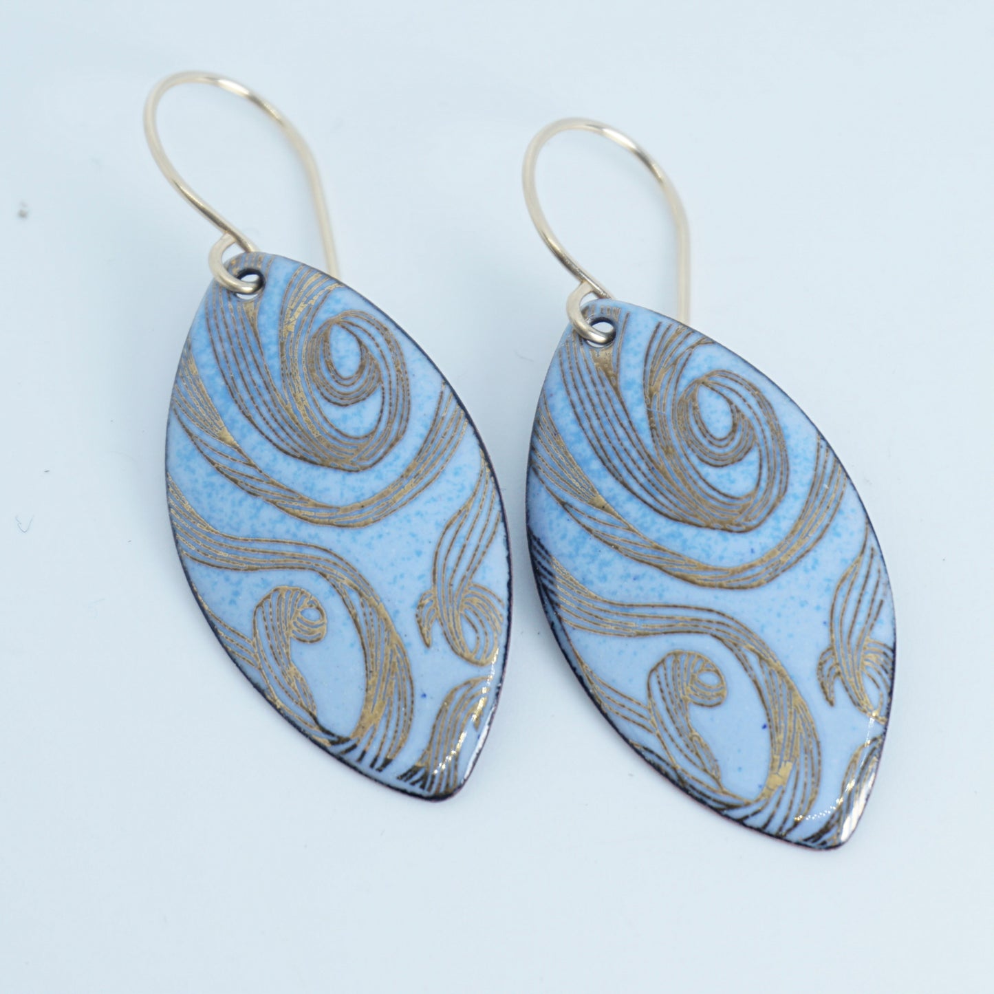Gold Swirl on Light Blue Enamel Marquis Earrings