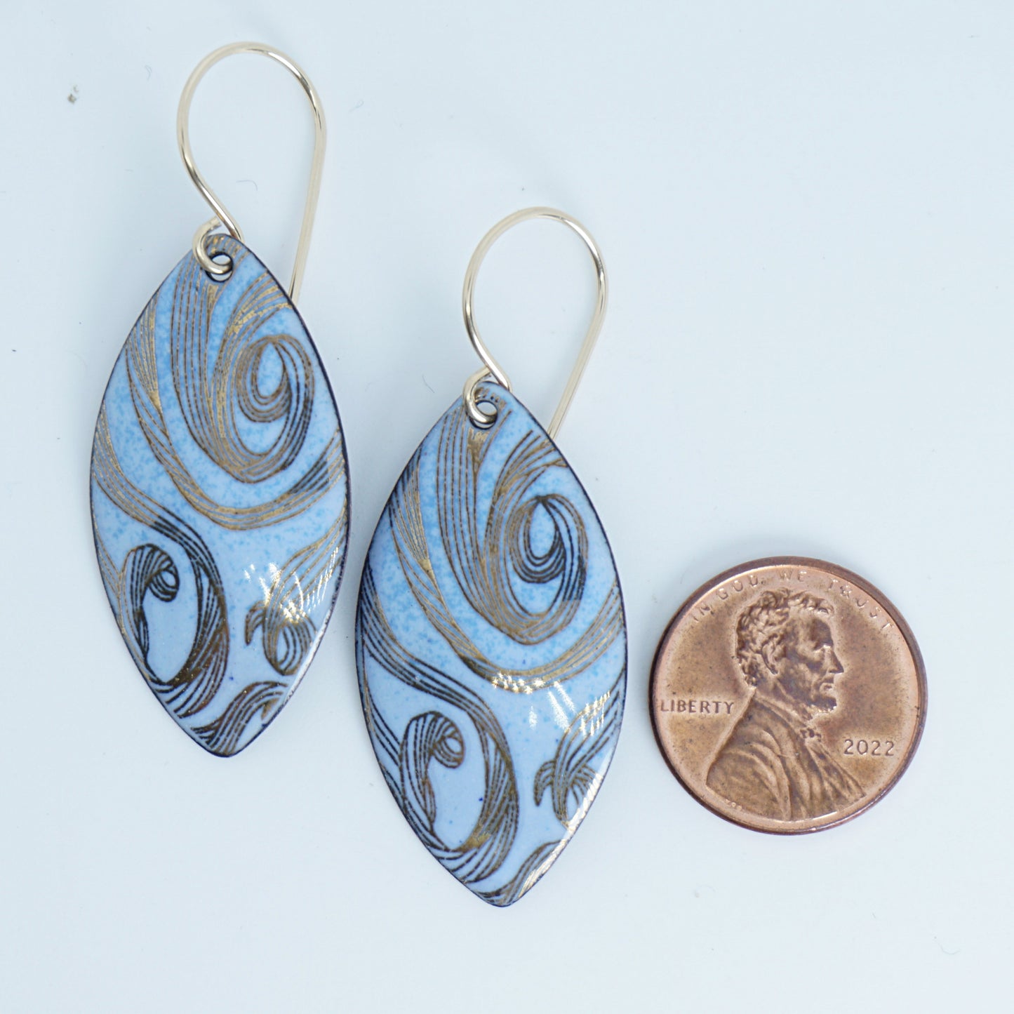 Gold Swirl on Light Blue Enamel Marquis Earrings