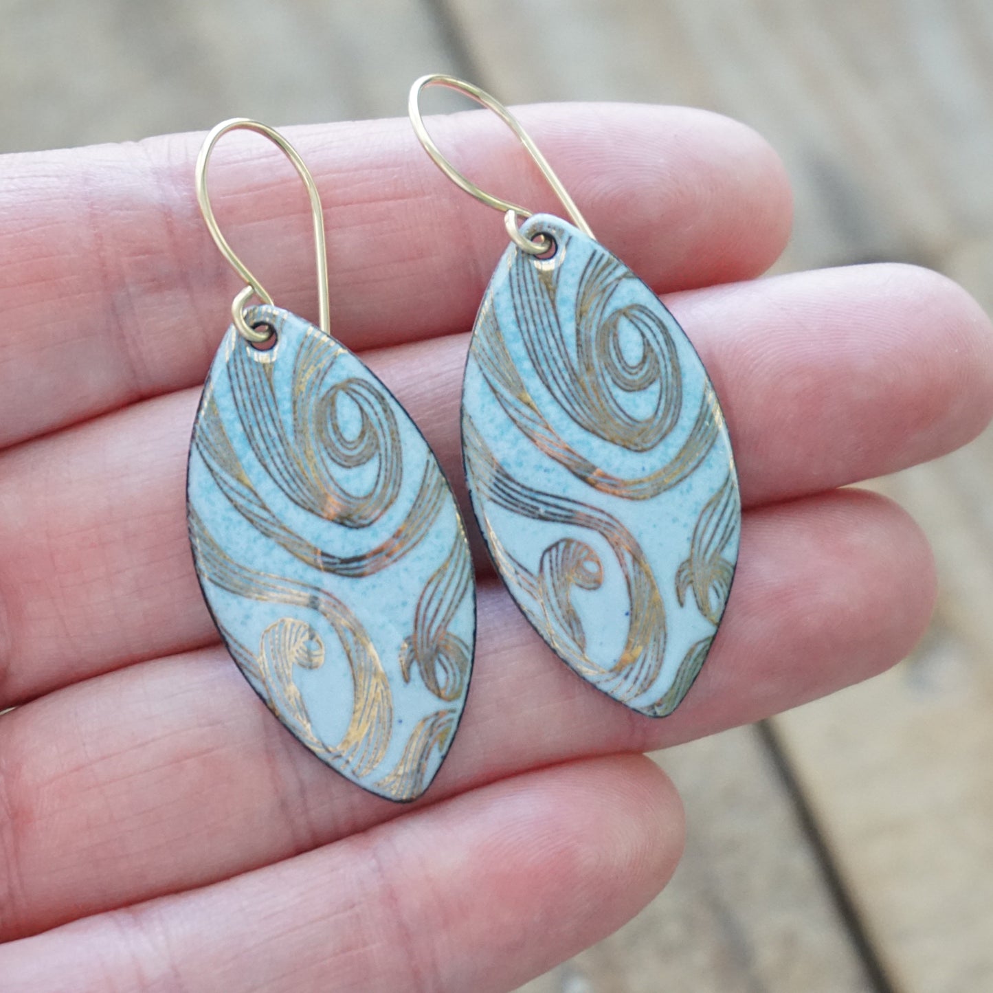 Gold Swirl on Light Blue Enamel Marquis Earrings