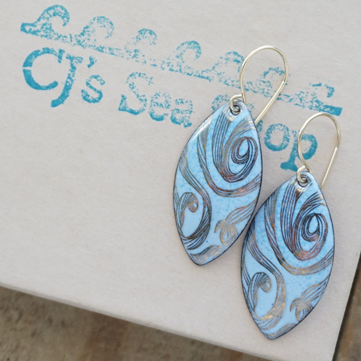 Gold Swirl on Light Blue Enamel Marquis Earrings