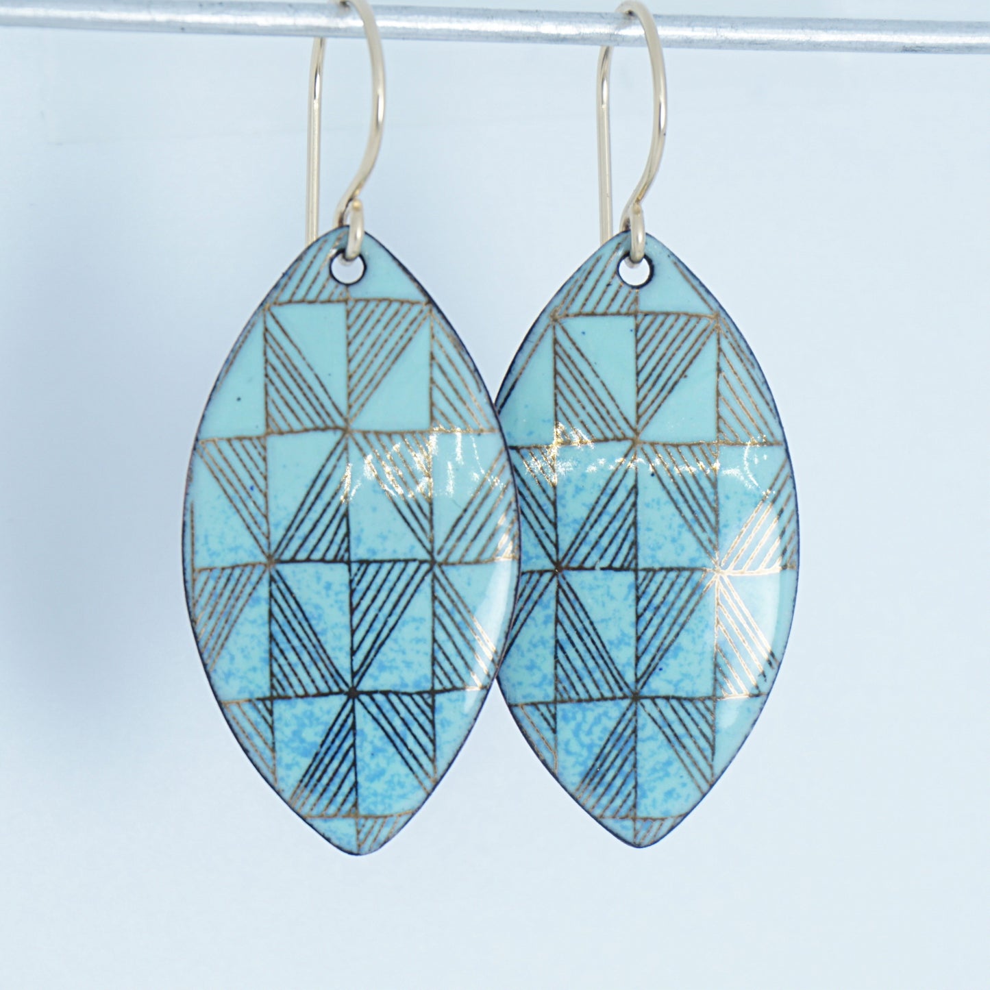 Gold Windmill on Seafoam Green Enamel Marquis Earrings