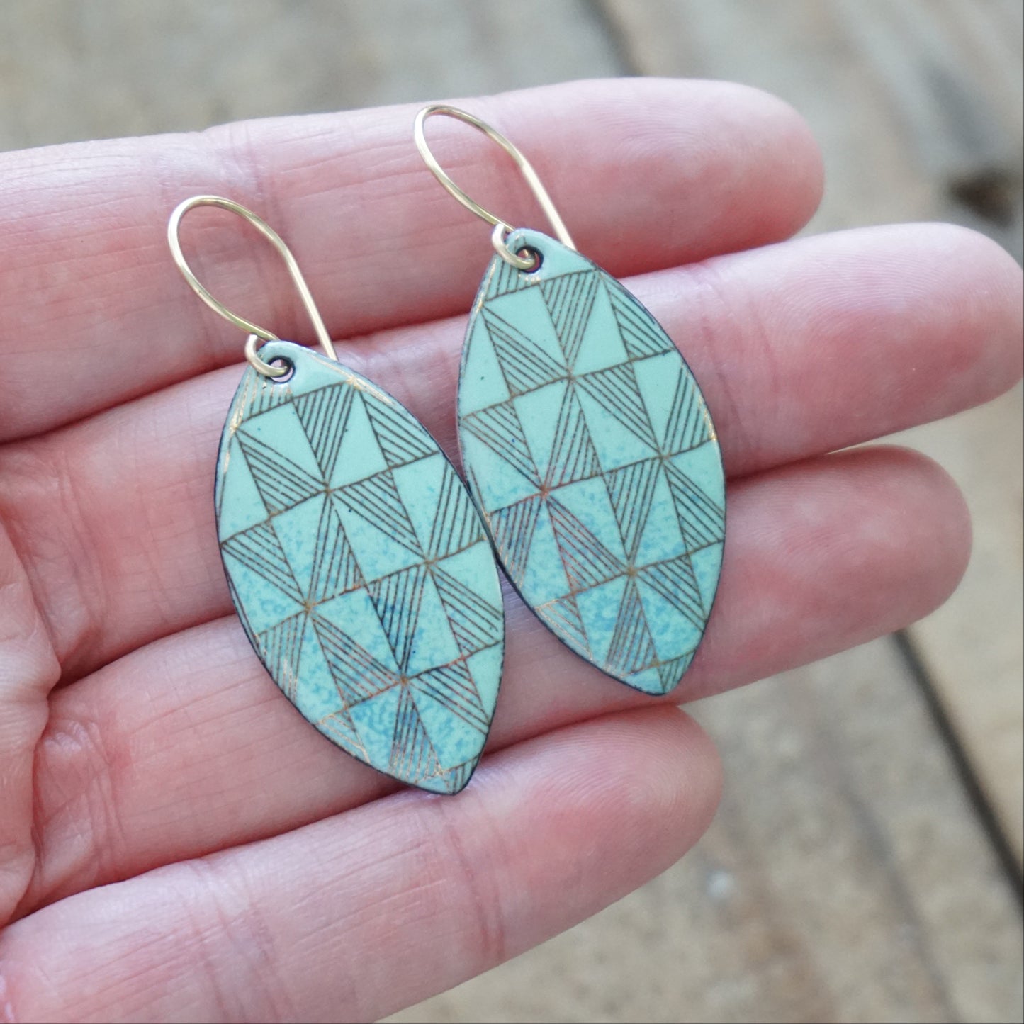 Gold Windmill on Seafoam Green Enamel Marquis Earrings
