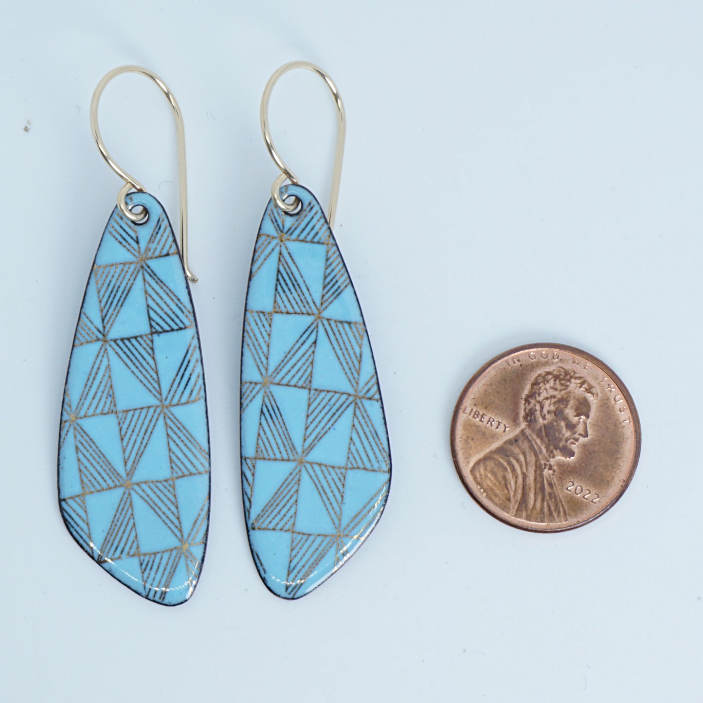 Gold Windmill on Light Blue Enamel Teardrop Earrings