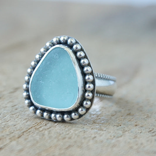 Size 7 Light Teal Blue Green Sea Glass Statement Ring