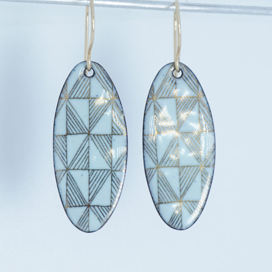 Gold Windmill on Light Seafoam Green Enamel Oval Earrings