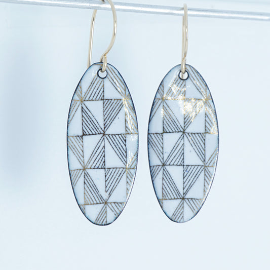 Gold Windmill on White Enamel Oval Earrings