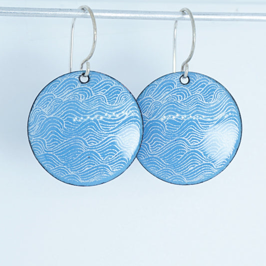 White Waves on Blue Enamel Disc Earrings