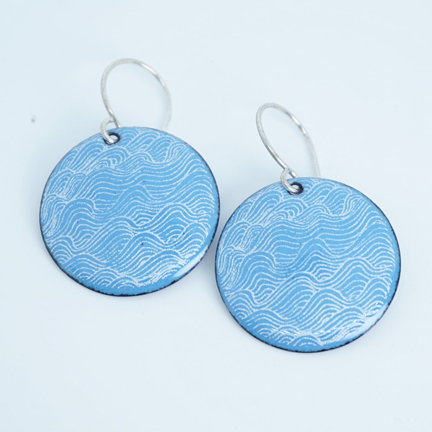 White Waves on Blue Enamel Disc Earrings