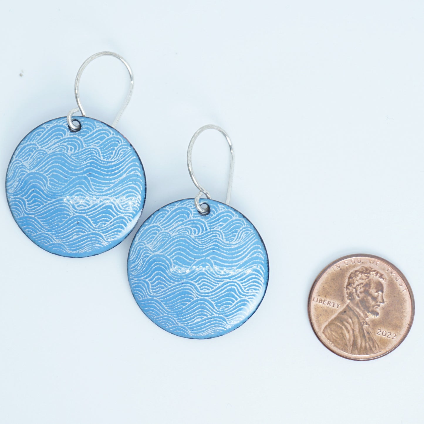 White Waves on Blue Enamel Disc Earrings