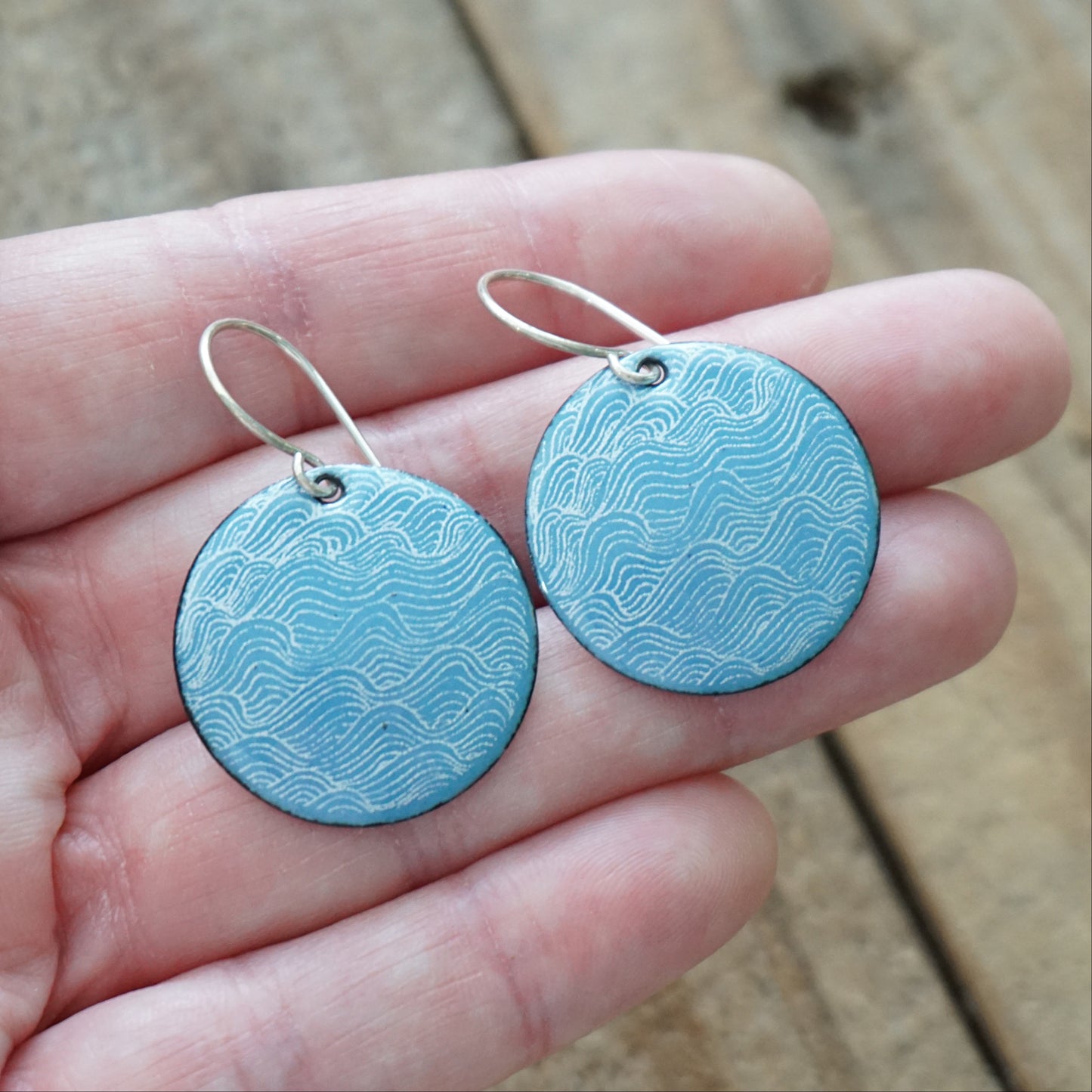 White Waves on Blue Enamel Disc Earrings
