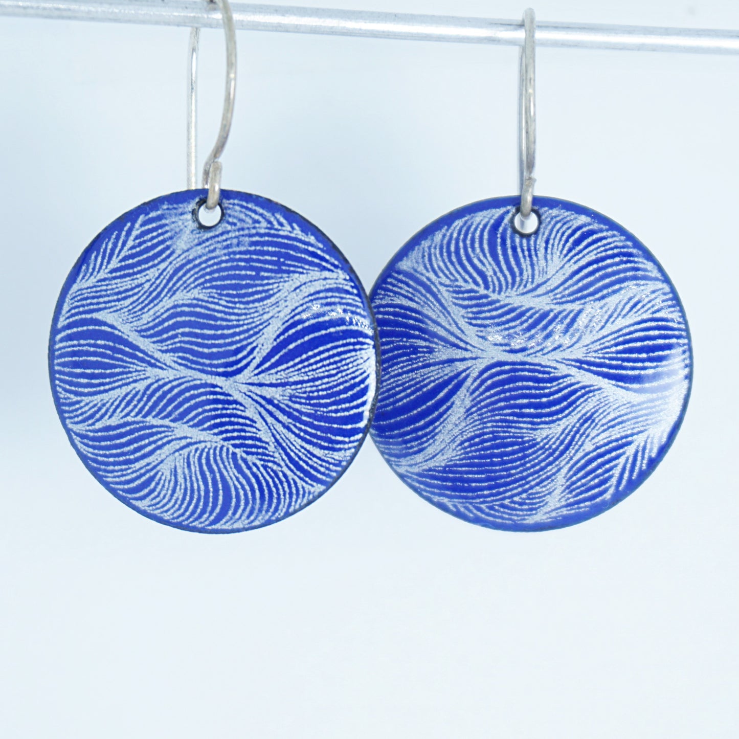 White Feather Accents on Cobalt Blue Enamel Disc Earrings