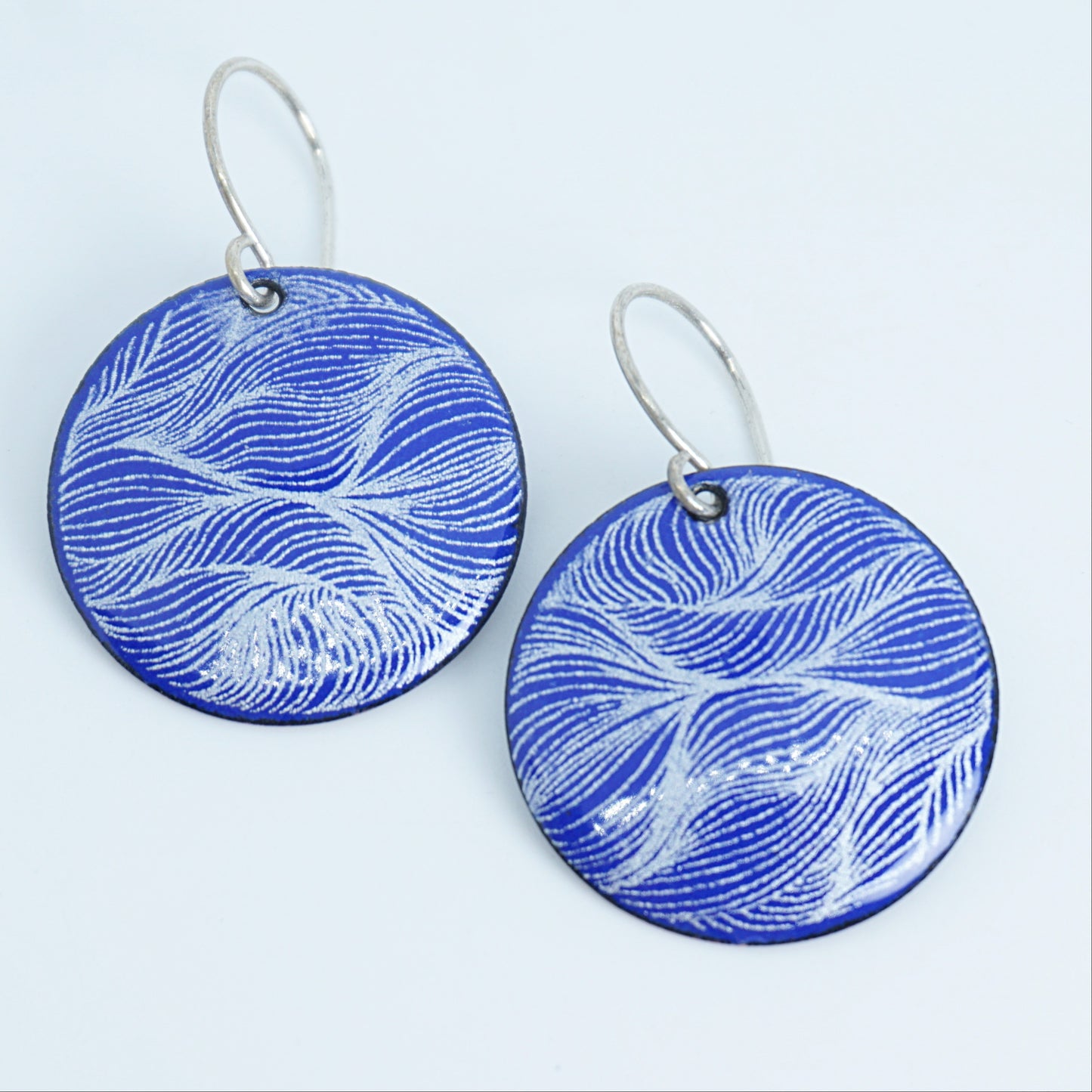 White Feather Accents on Cobalt Blue Enamel Disc Earrings