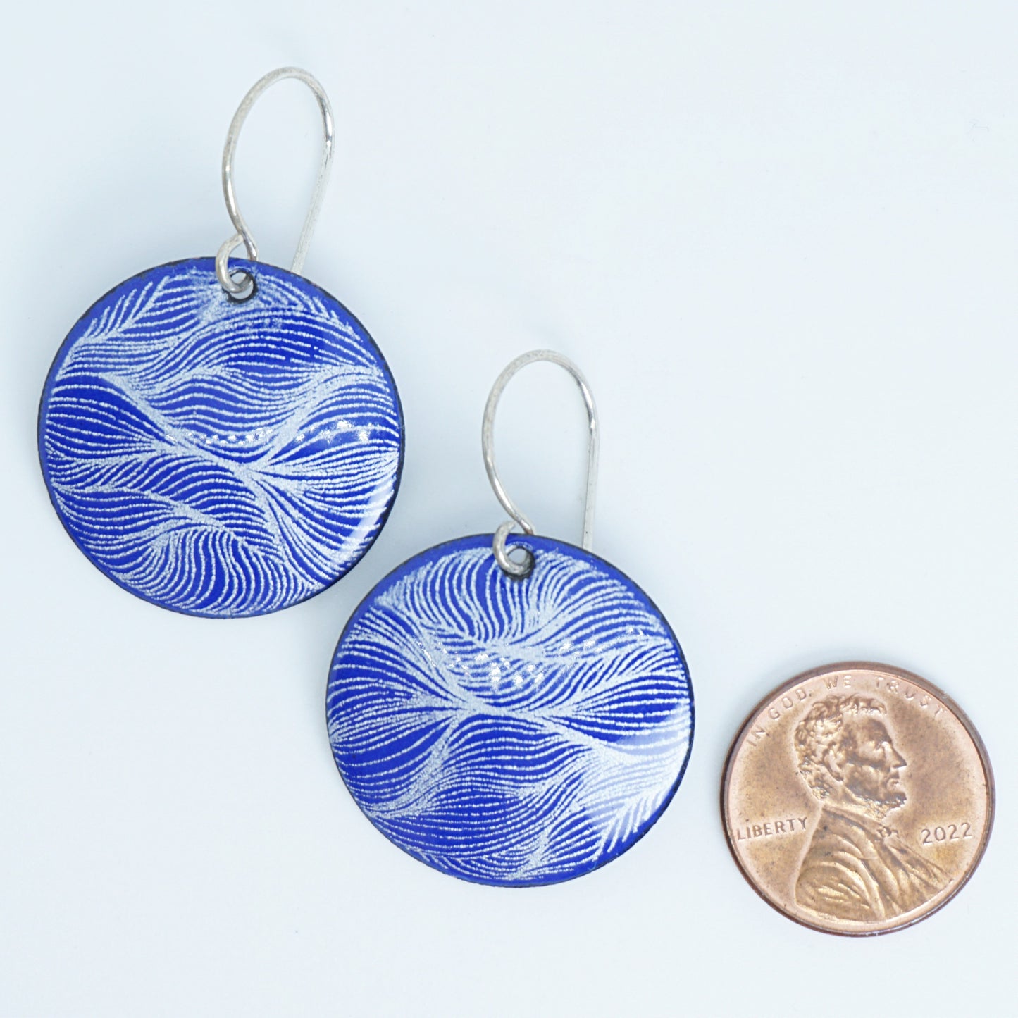White Feather Accents on Cobalt Blue Enamel Disc Earrings