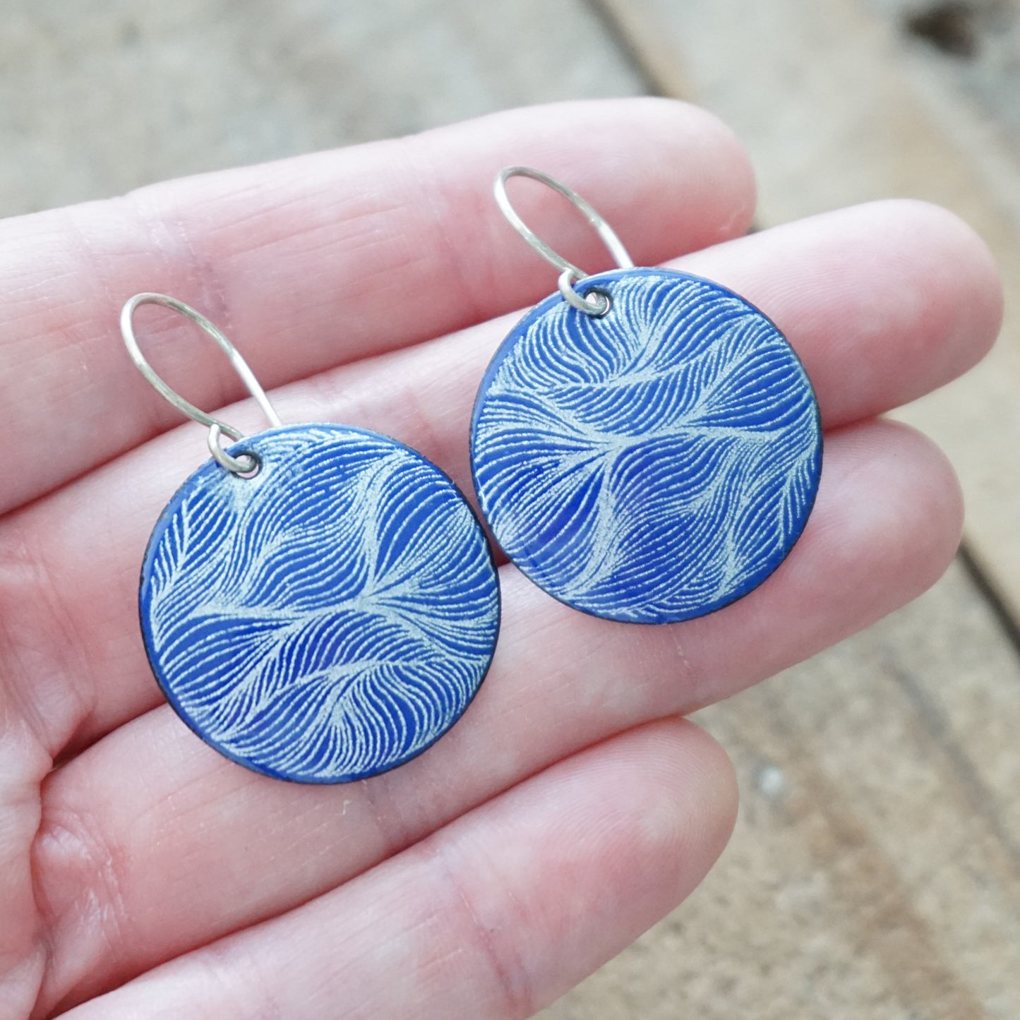 White Feather Accents on Cobalt Blue Enamel Disc Earrings