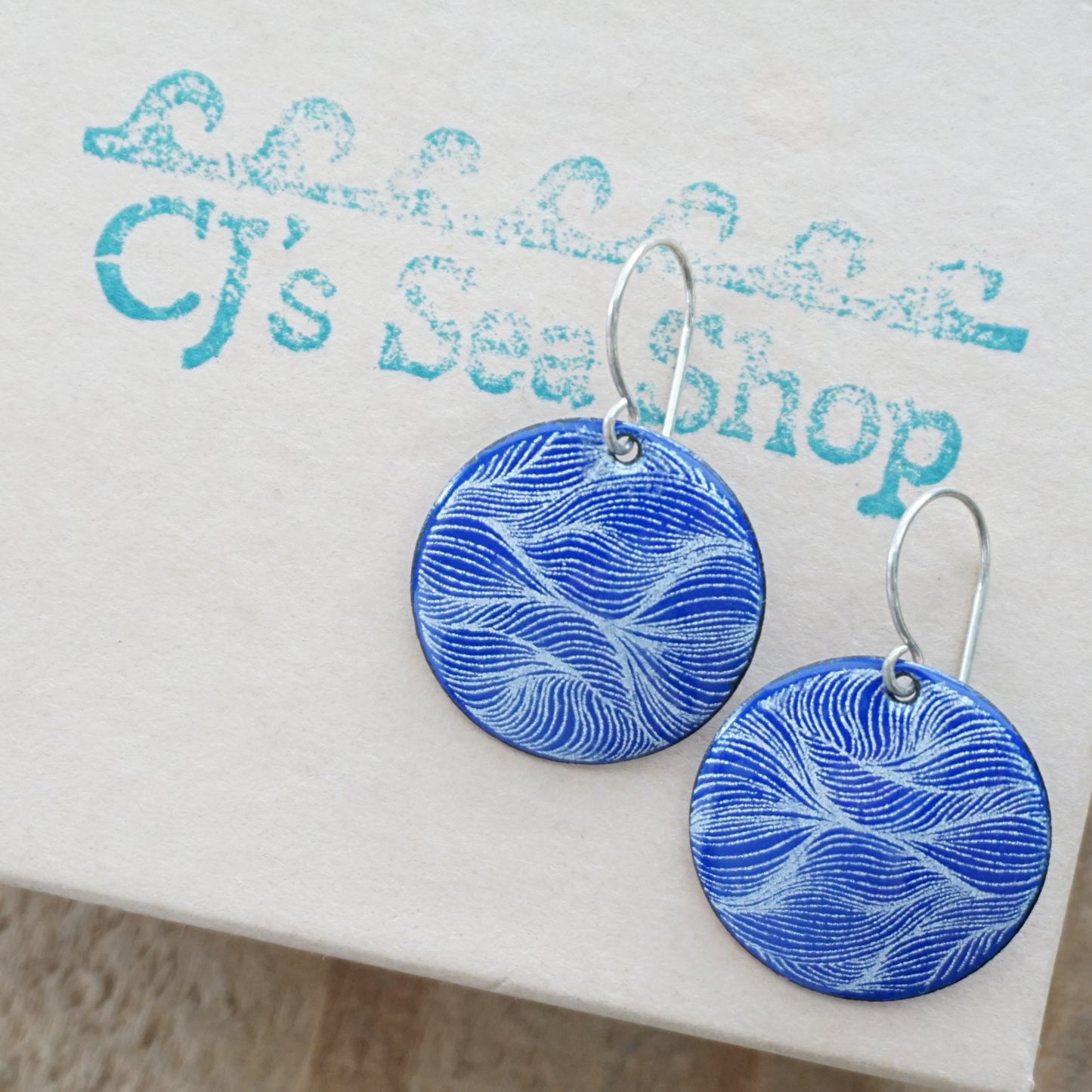 White Feather Accents on Cobalt Blue Enamel Disc Earrings