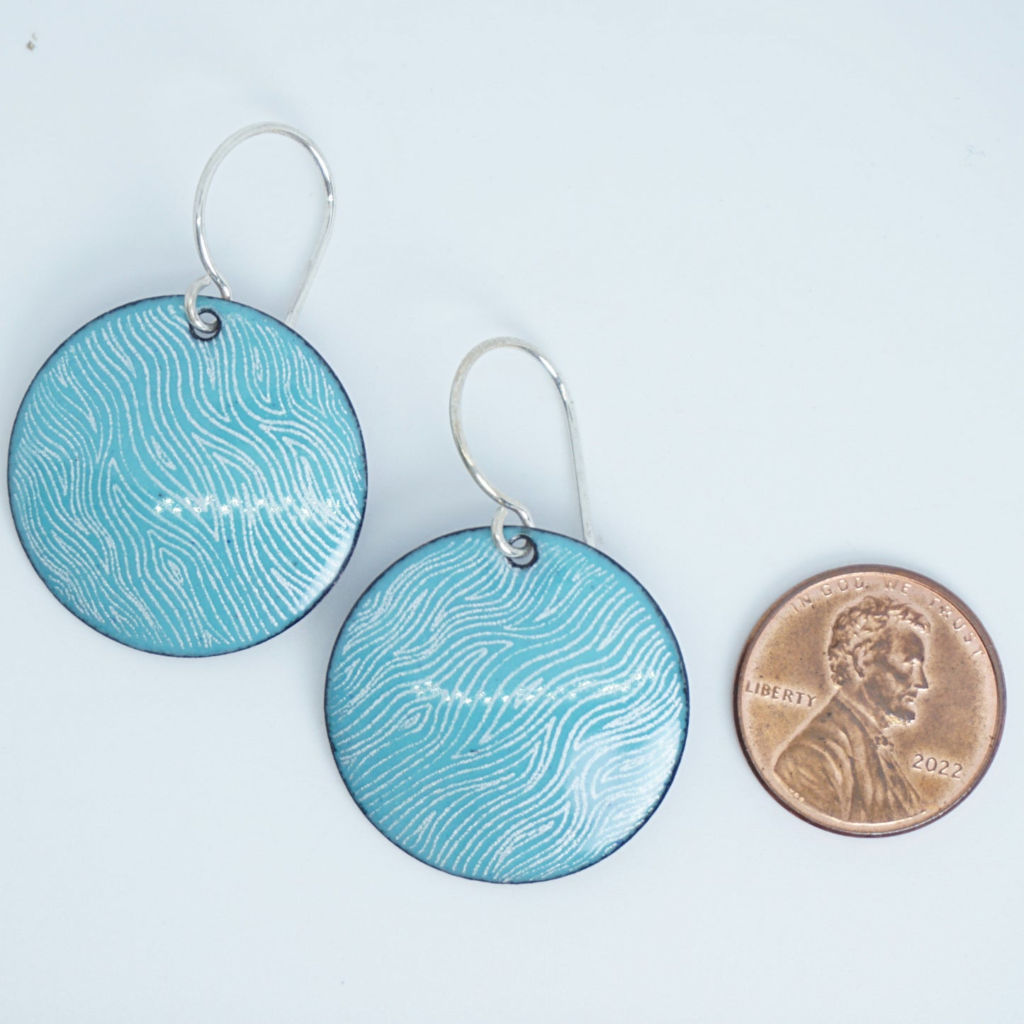White Line Accents on Green Enamel Disc Earrings