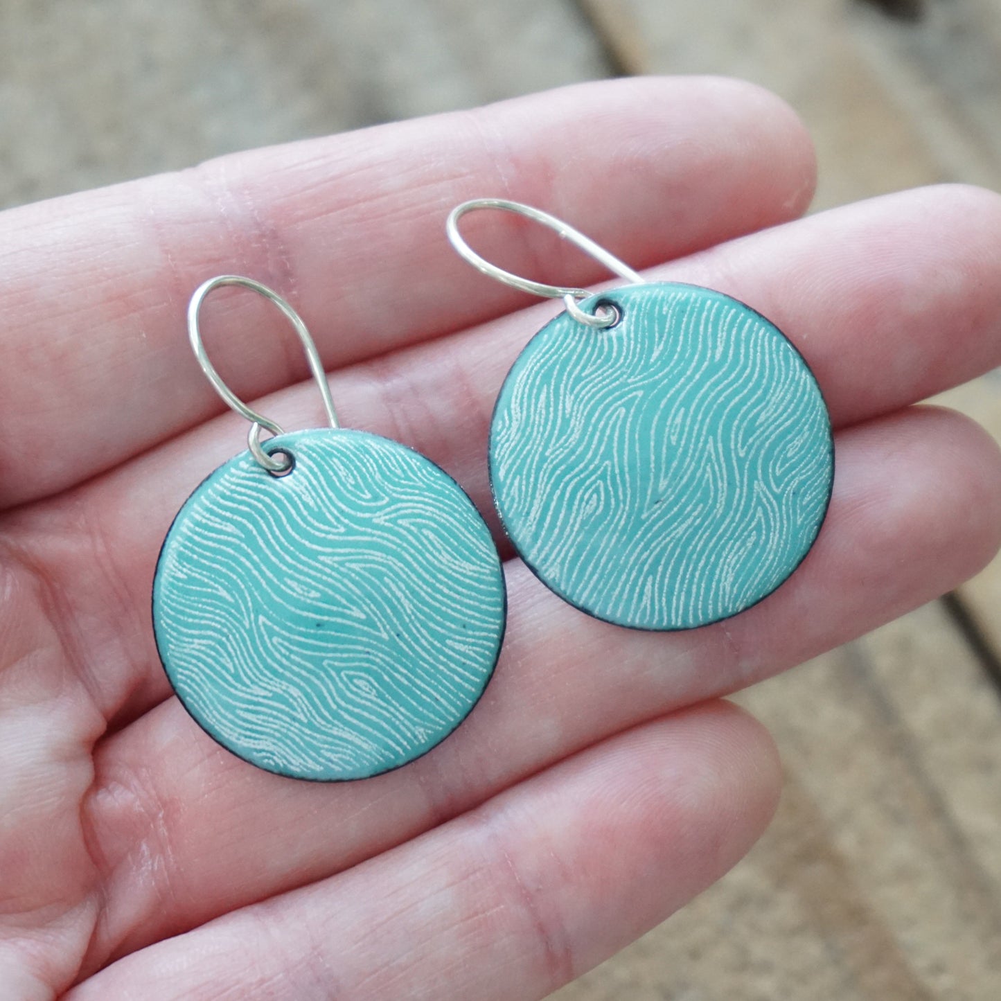 White Line Accents on Green Enamel Disc Earrings