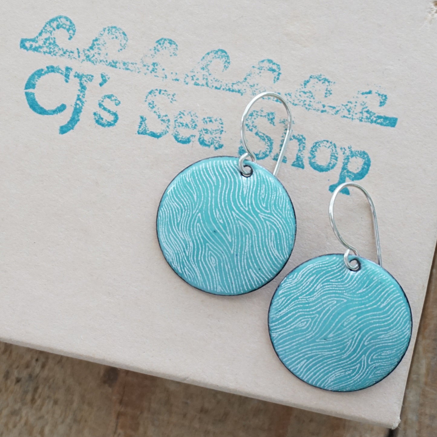 White Line Accents on Green Enamel Disc Earrings
