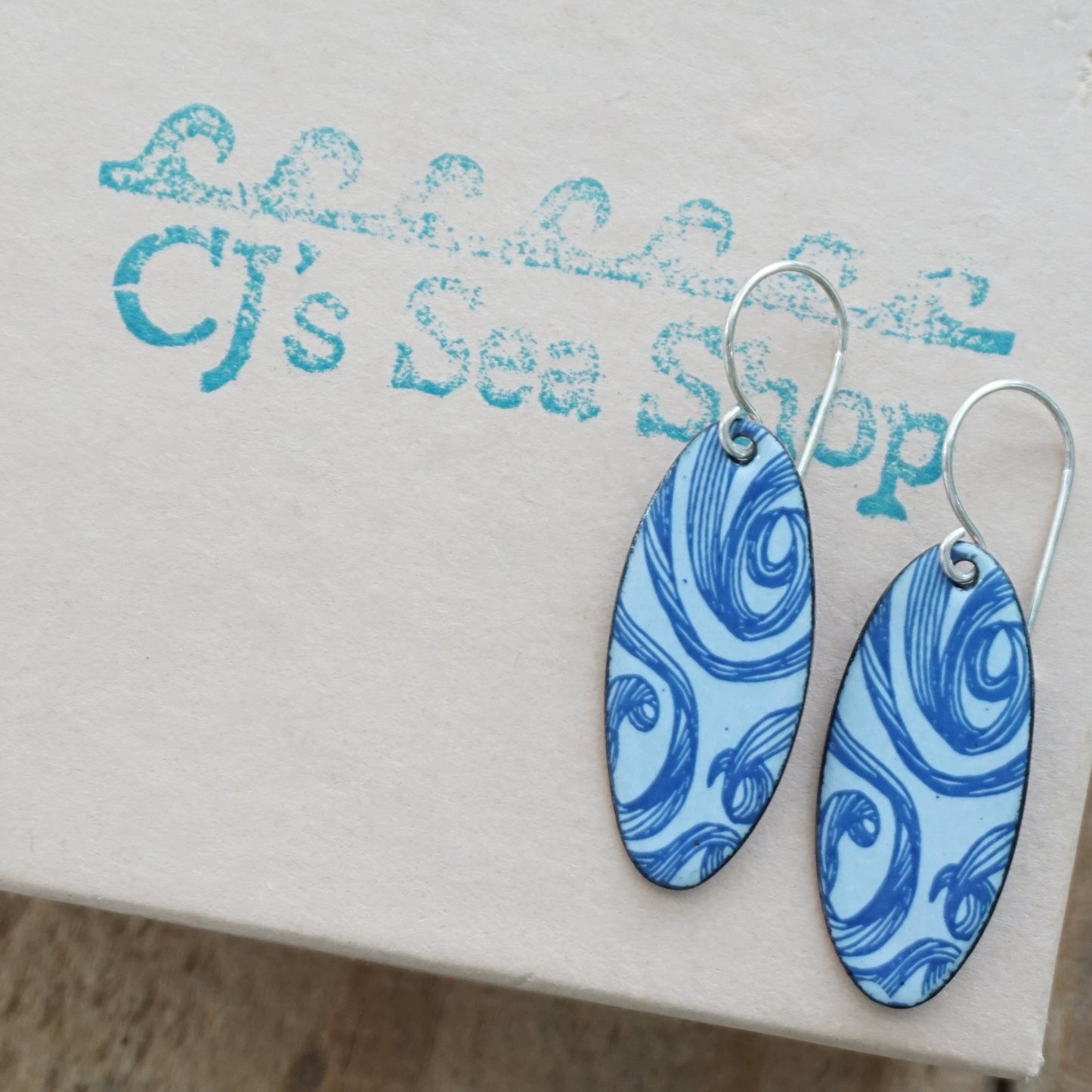 Blue Swirls on Light Periwinkle Enamel Oval Earrings
