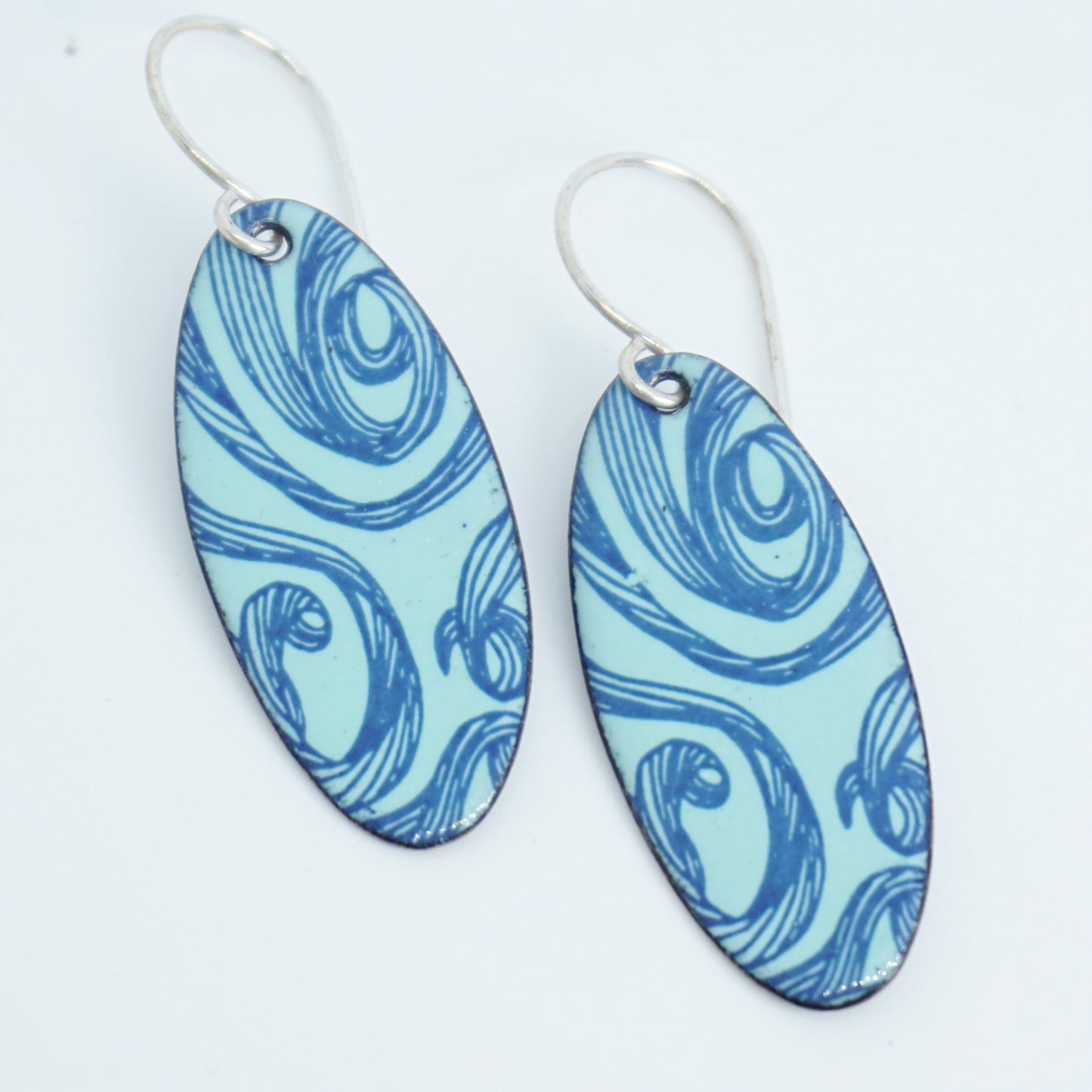Blue Swirls on Seafoam Green Enamel Oval Earrings