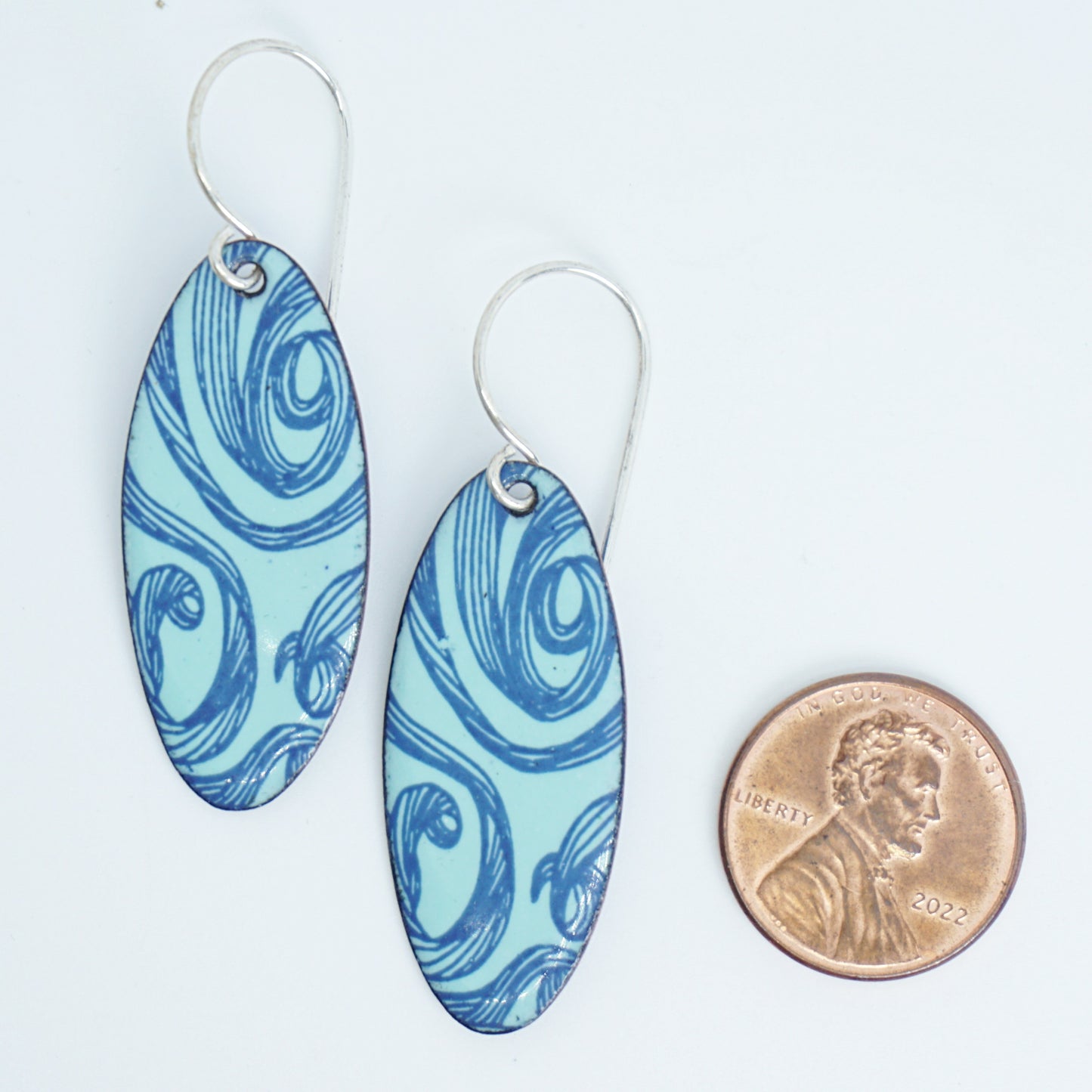 Blue Swirls on Seafoam Green Enamel Oval Earrings