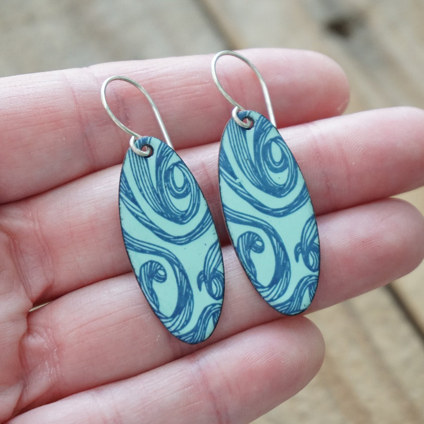 Blue Swirls on Seafoam Green Enamel Oval Earrings
