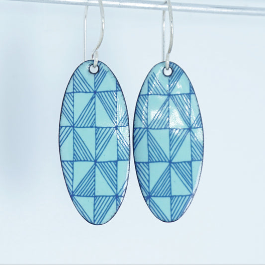 Blue Windmill on Seafoam Green Enamel Oval Earrings