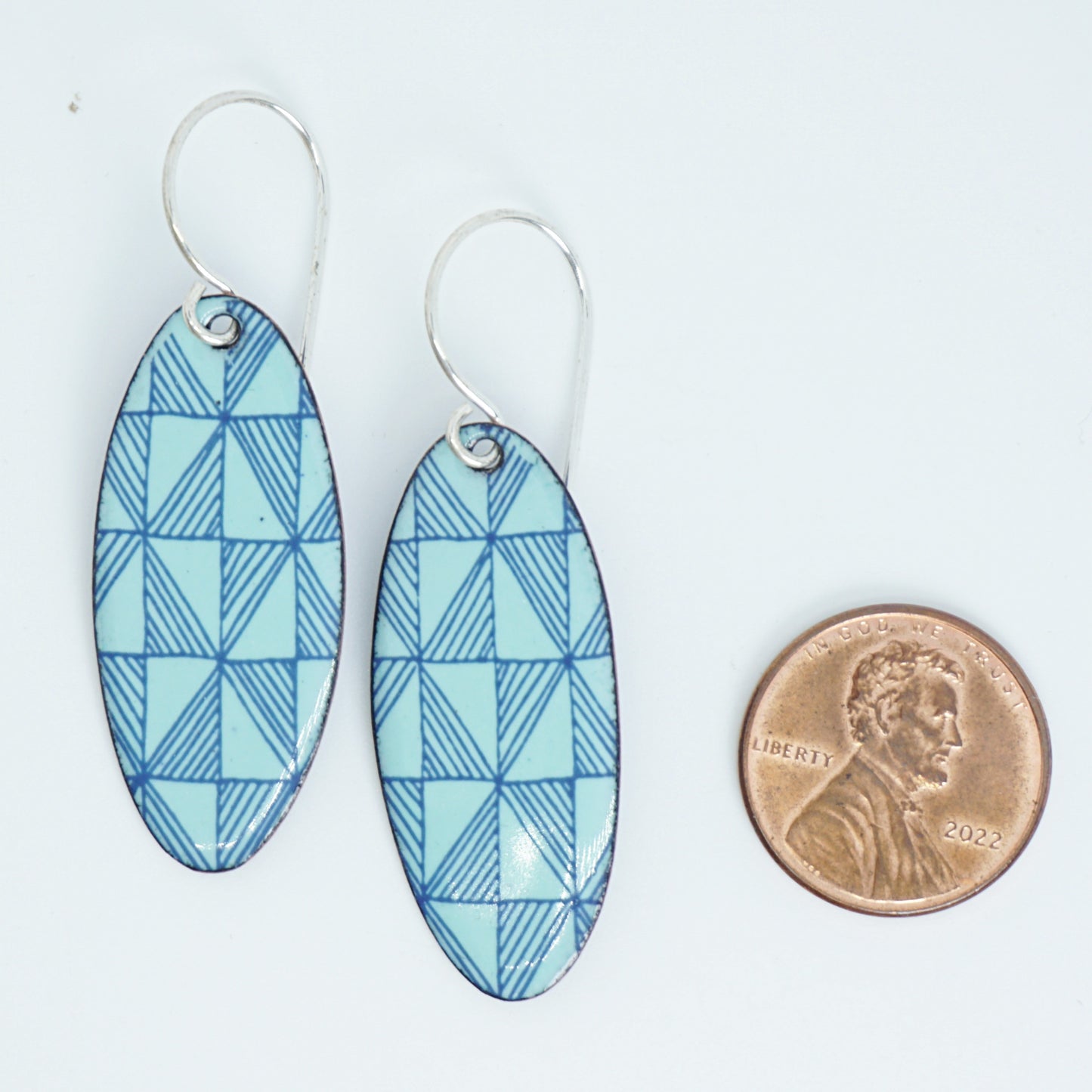 Blue Windmill on Seafoam Green Enamel Oval Earrings