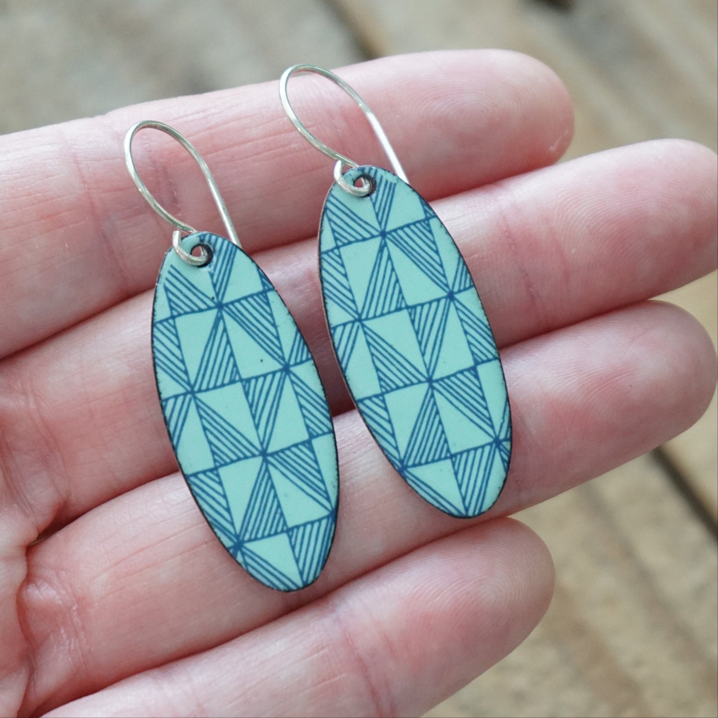 Blue Windmill on Seafoam Green Enamel Oval Earrings