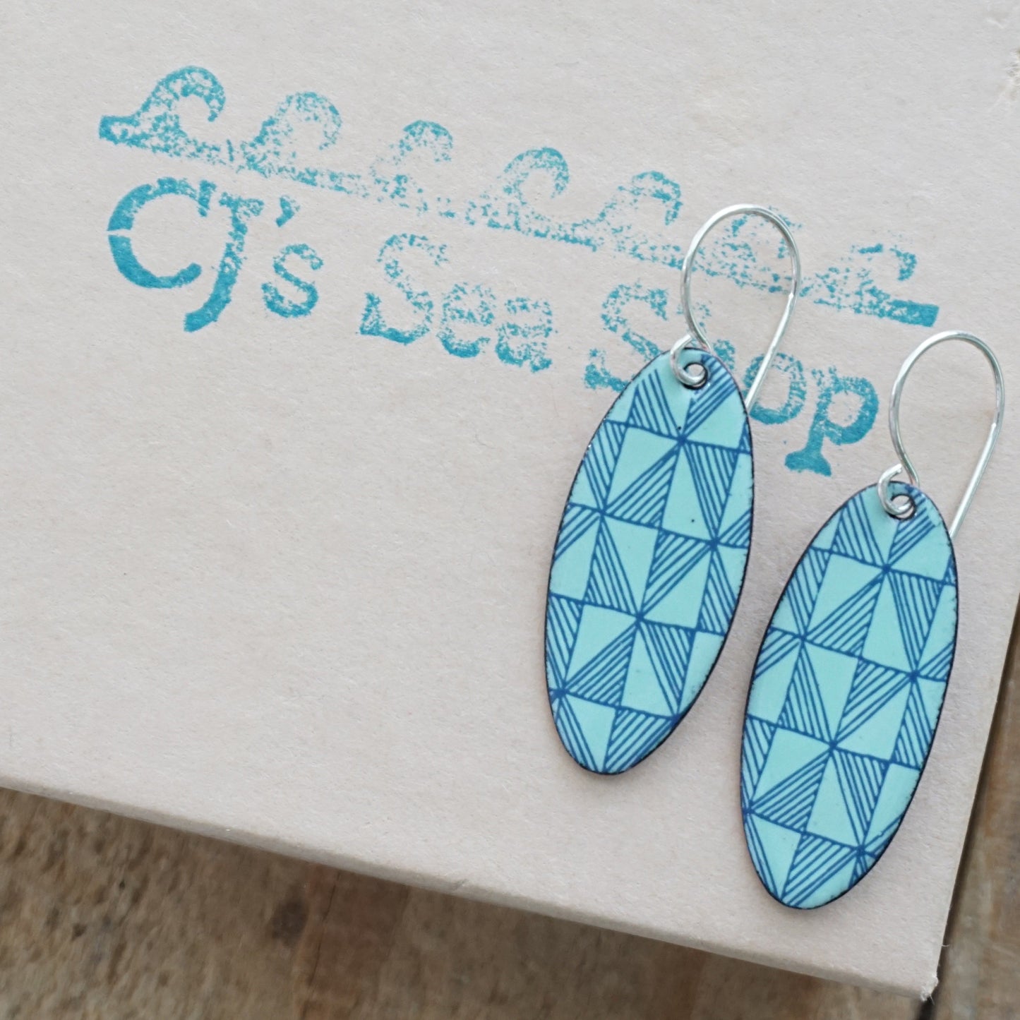 Blue Windmill on Seafoam Green Enamel Oval Earrings