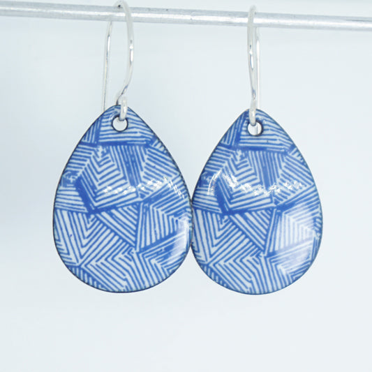 Blue Accents on White Enamel Teardrop Earrings