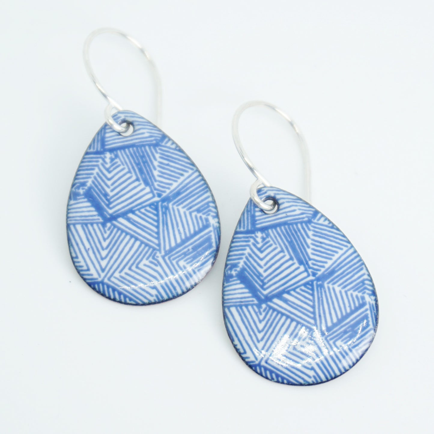 Blue Accents on White Enamel Teardrop Earrings