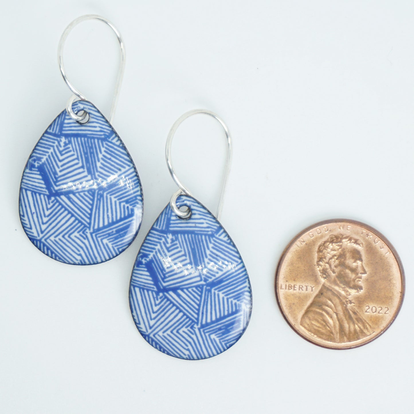 Blue Accents on White Enamel Teardrop Earrings