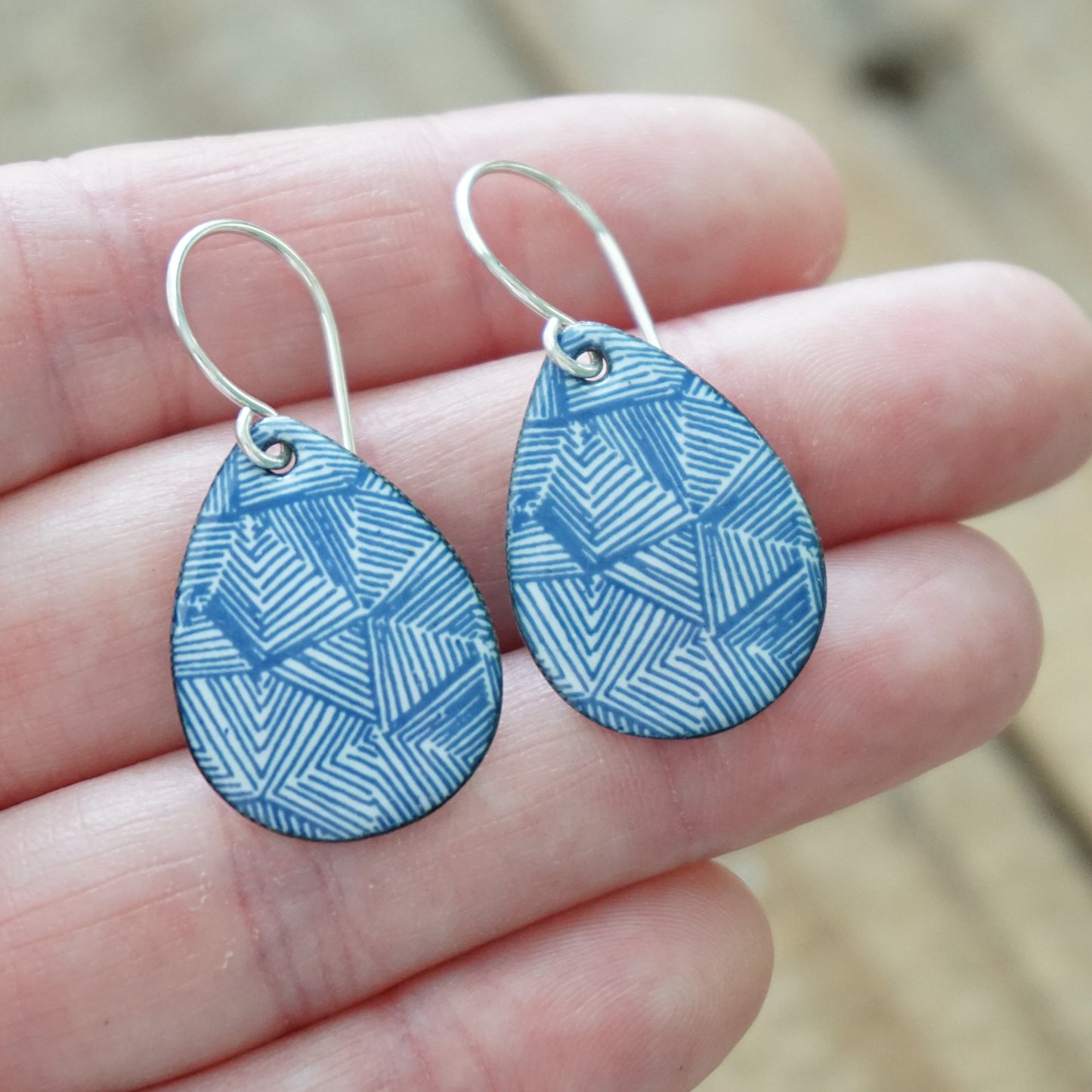 Blue Accents on White Enamel Teardrop Earrings