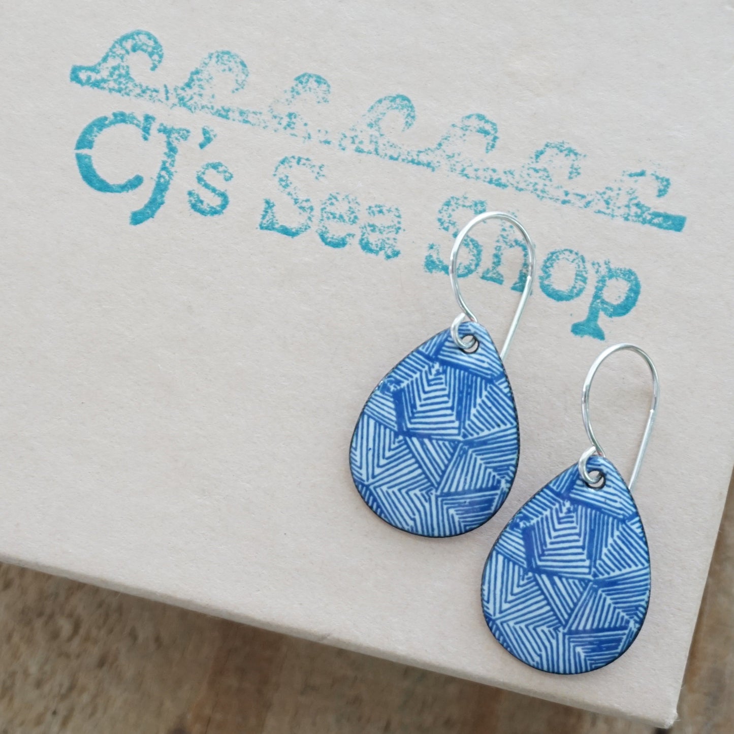 Blue Accents on White Enamel Teardrop Earrings
