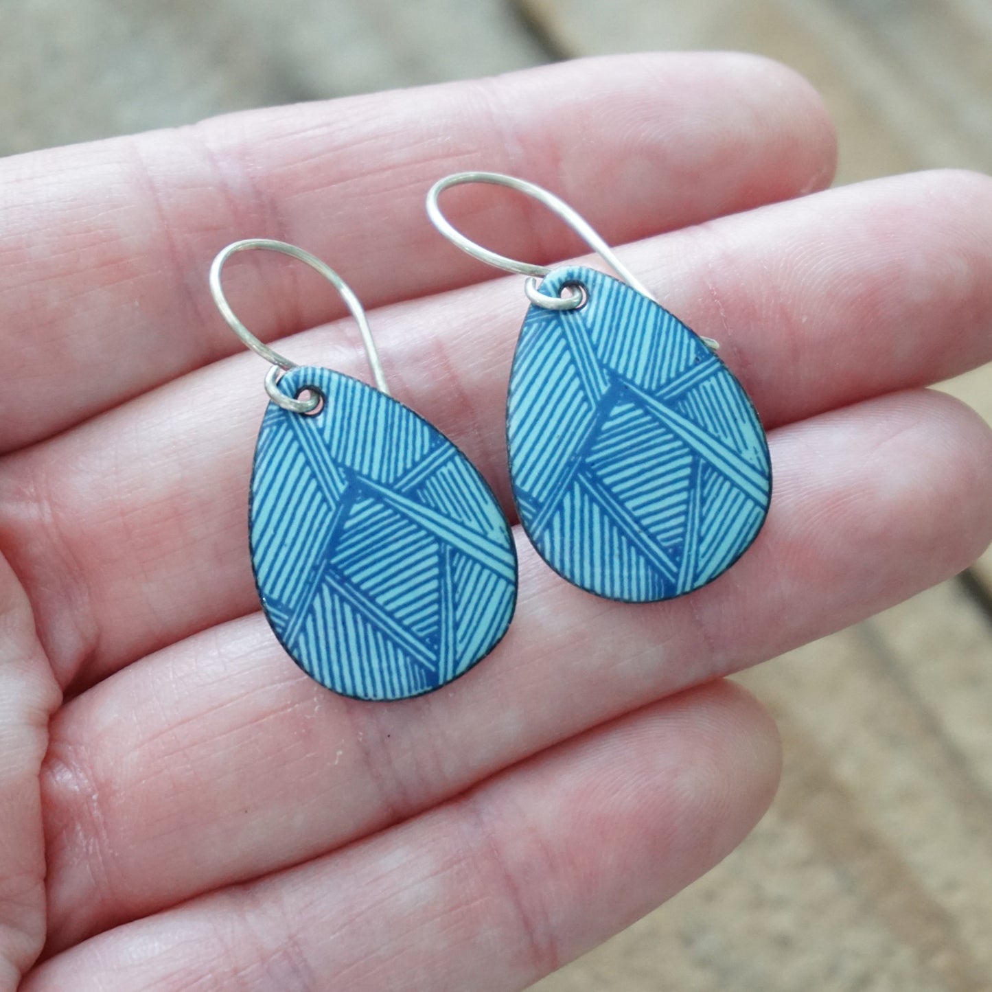 Blue Accents on Light Blue Enamel Teardrop Earrings