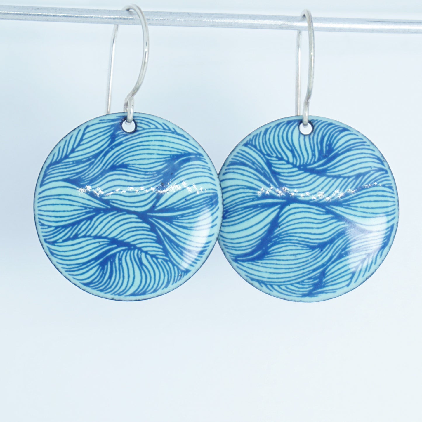 Blue Feather Accents on Seafoam Green Enamel Disc Earrings