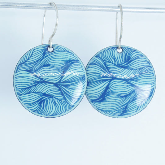 Blue Feather Accents on Seafoam Green Enamel Disc Earrings