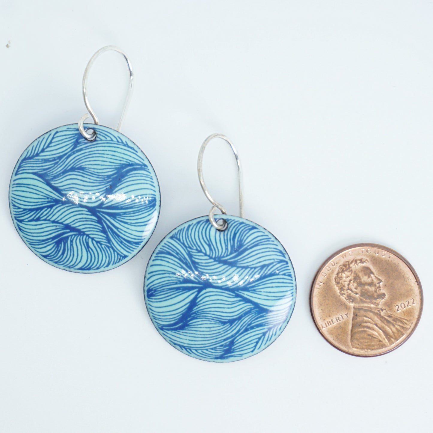Blue Feather Accents on Seafoam Green Enamel Disc Earrings