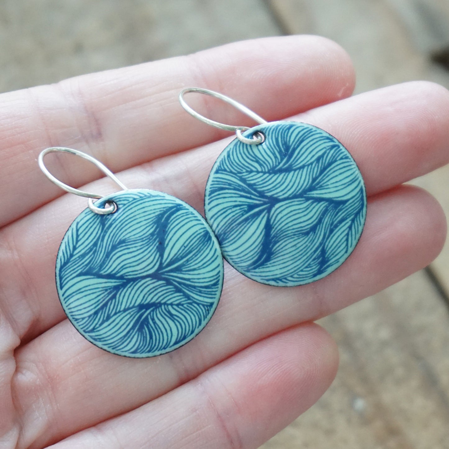 Blue Feather Accents on Seafoam Green Enamel Disc Earrings