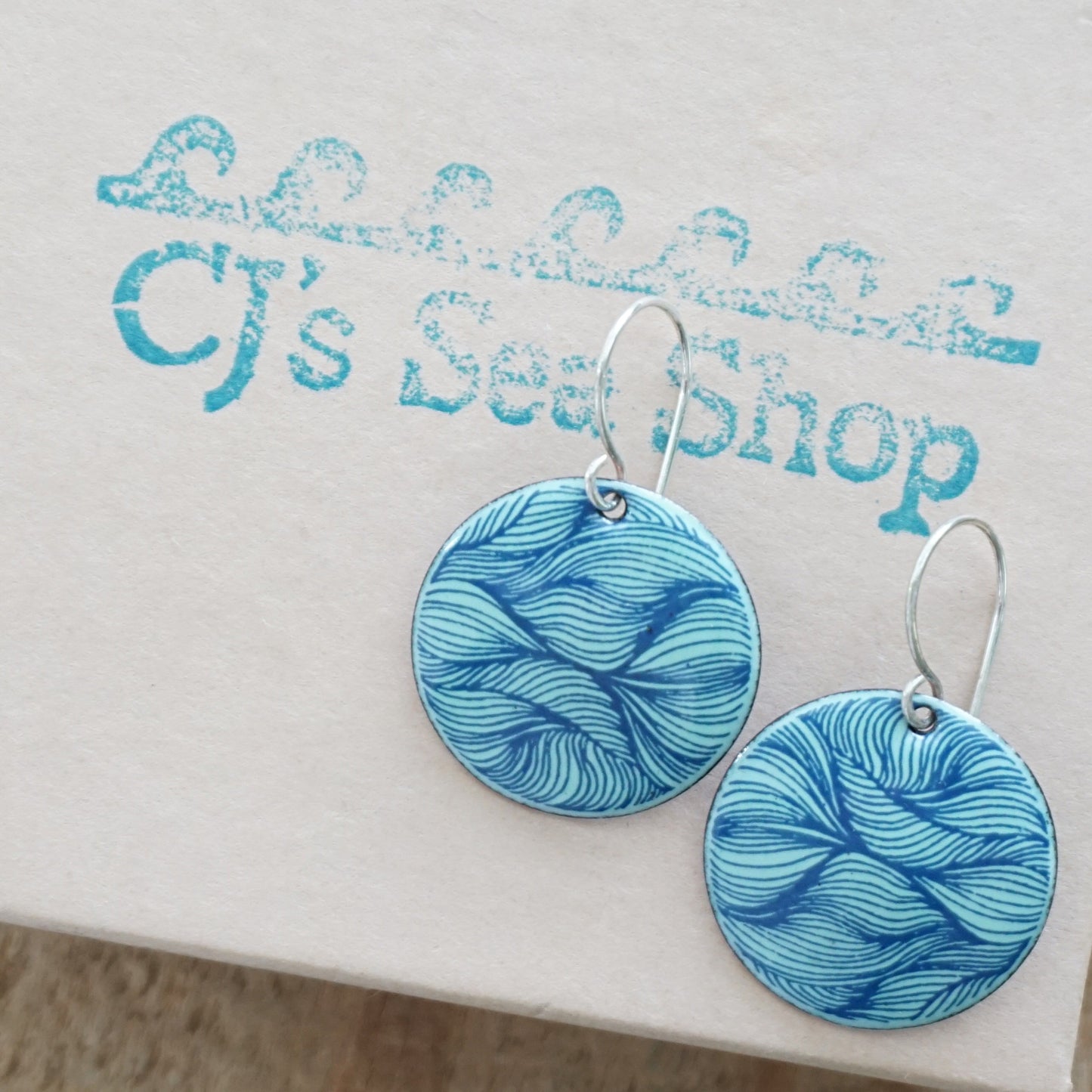 Blue Feather Accents on Seafoam Green Enamel Disc Earrings