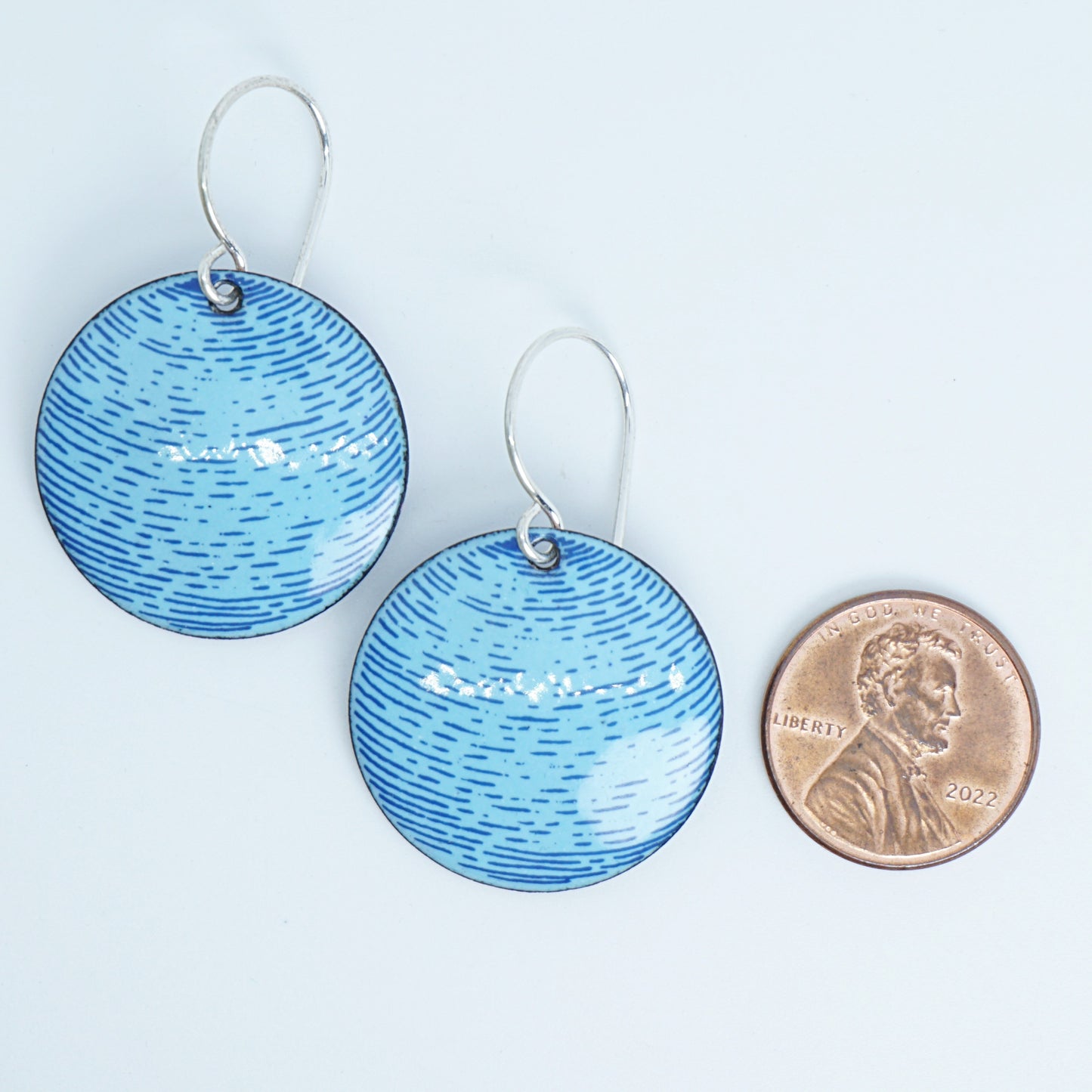 Blue Accents on Light Blue Enamel Disc Earrings