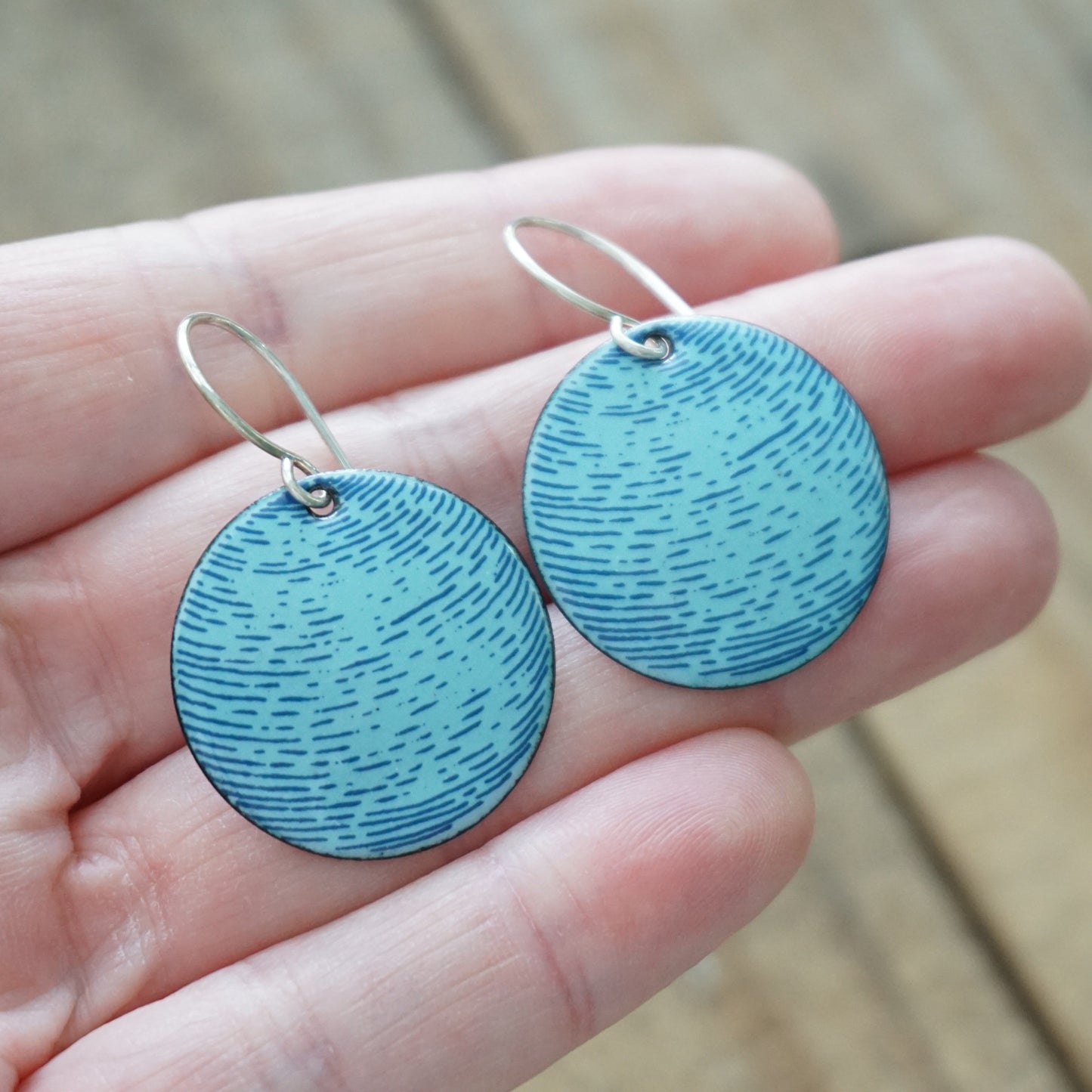 Blue Accents on Light Blue Enamel Disc Earrings