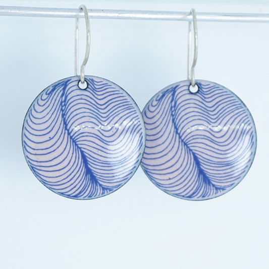 Blue Feather Accents on Pink Enamel Disc Earrings