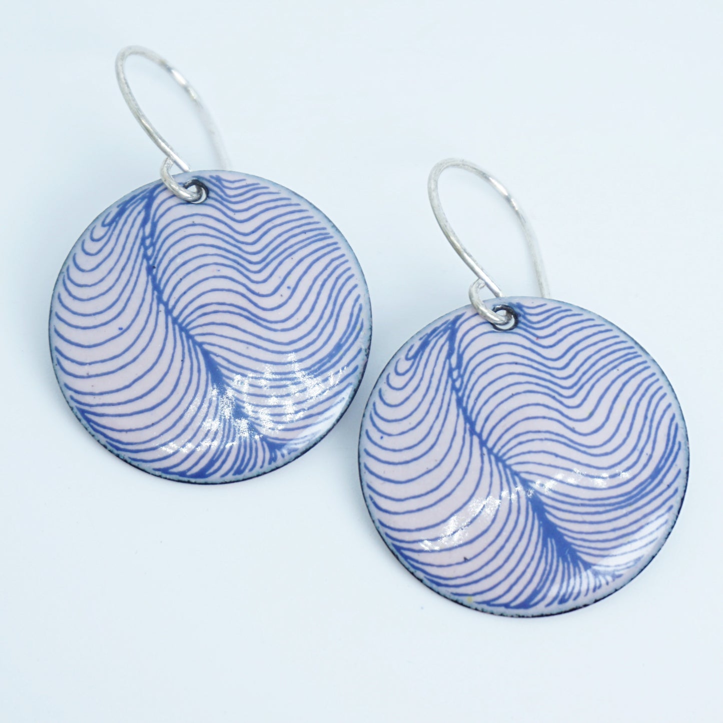 Blue Feather Accents on Pink Enamel Disc Earrings
