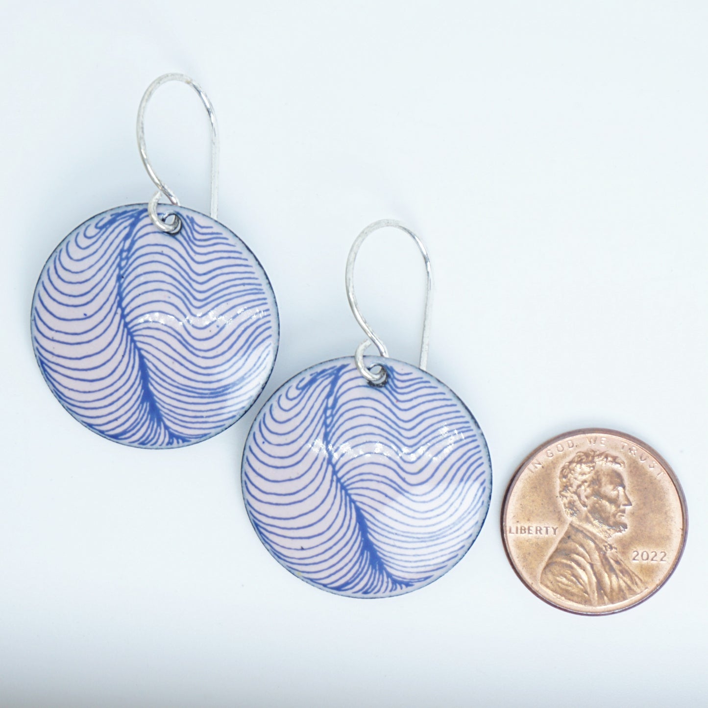 Blue Feather Accents on Pink Enamel Disc Earrings