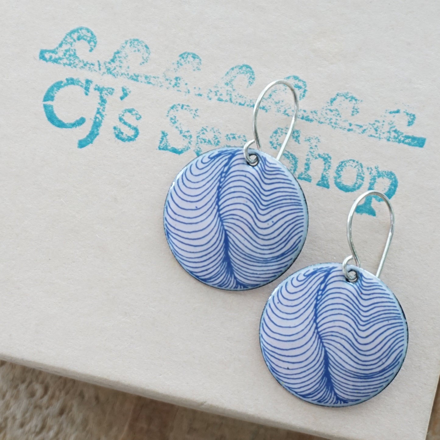 Blue Feather Accents on Pink Enamel Disc Earrings