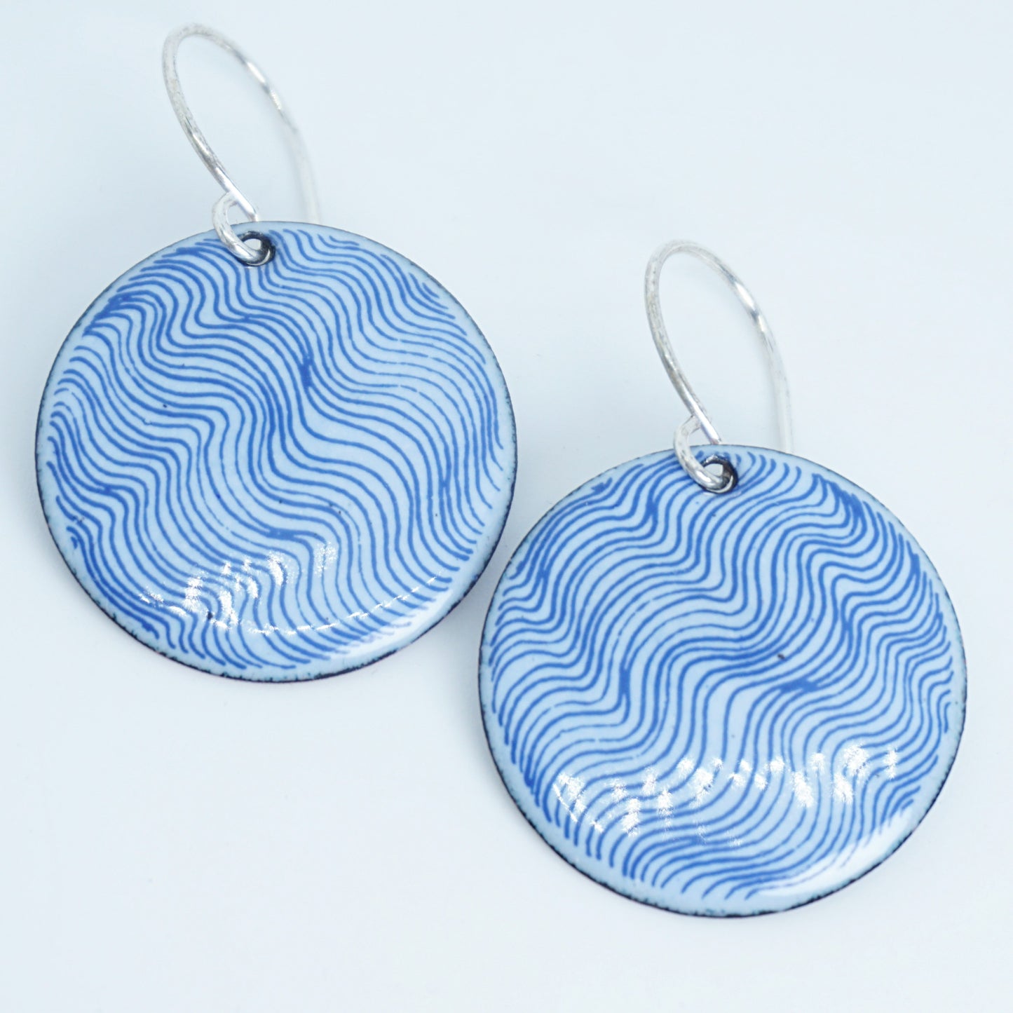 Blue Wavy Line Accents on Light Periwinkle Enamel Disc Earrings