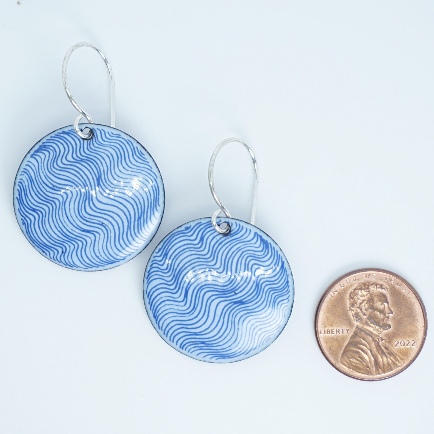 Blue Wavy Line Accents on Light Periwinkle Enamel Disc Earrings